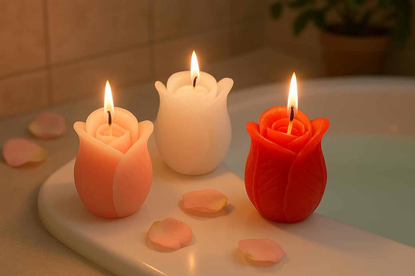 Set 3 Candele Profumate a Forma di Rosa in Cera Colorata
