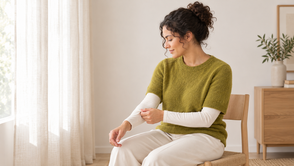 In una stanza luminosa, una donna siede su una sedia con una maglia a maniche corte sopra una base sottile a maniche lunghe.