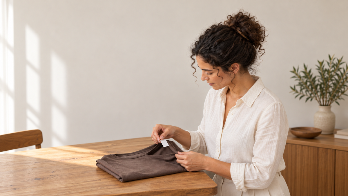A un tavolo di legno, una donna apre una maglia piegata e ne legge l'etichetta interna sotto la luce della finestra.
