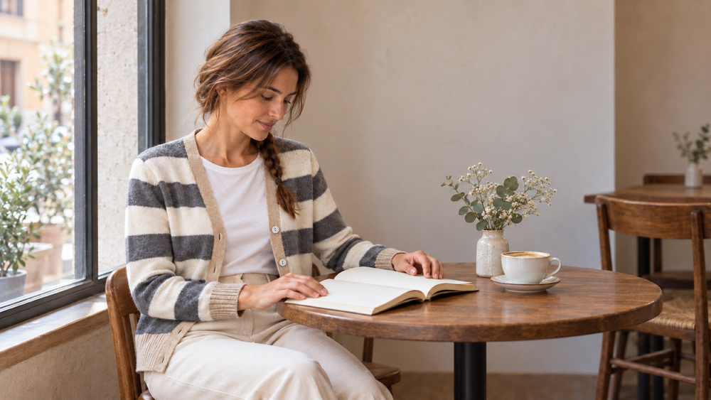 In un caffè vicino alla finestra, una donna indossa il cardigan aperto sopra una maglia bianca e legge un libro.