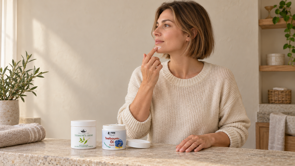 Donna in bagno che applica con il dito un po’ di crema tea tree sul mento, con due vasetti aperti sul piano