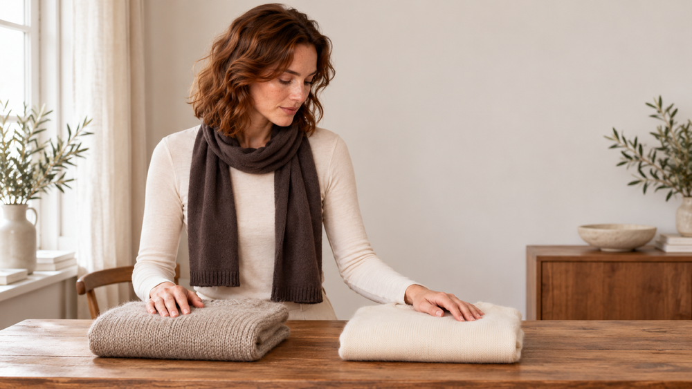 Al tavolo di legno, una donna confronta due maglie piegate mentre indossa una sciarpa morbida sopra la maglia avorio.
