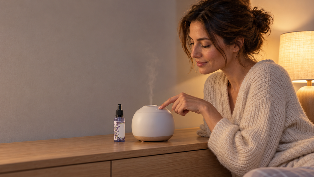 Donna in camera da letto la sera che accende un diffusore bianco sul comò, accanto un piccolo flacone di essenza con il contagocce