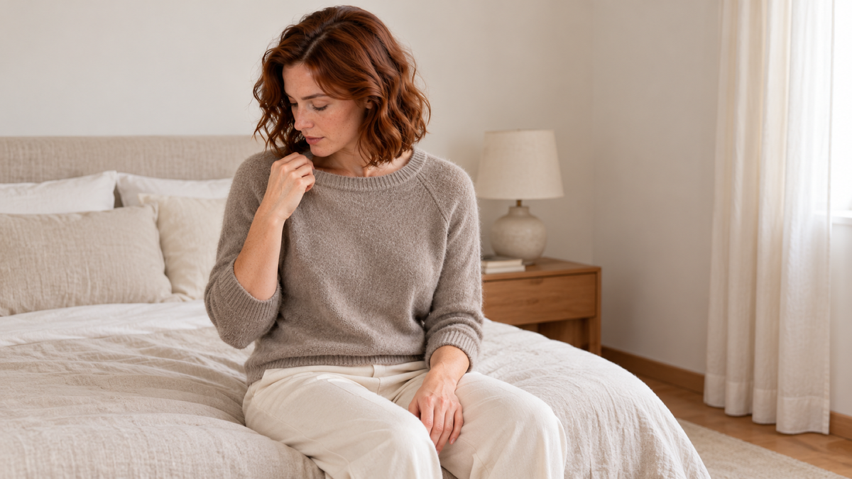 Seduta sul letto, una donna controlla il bordo della maglia vicino al collo, guardando il tessuto senza stringerlo.