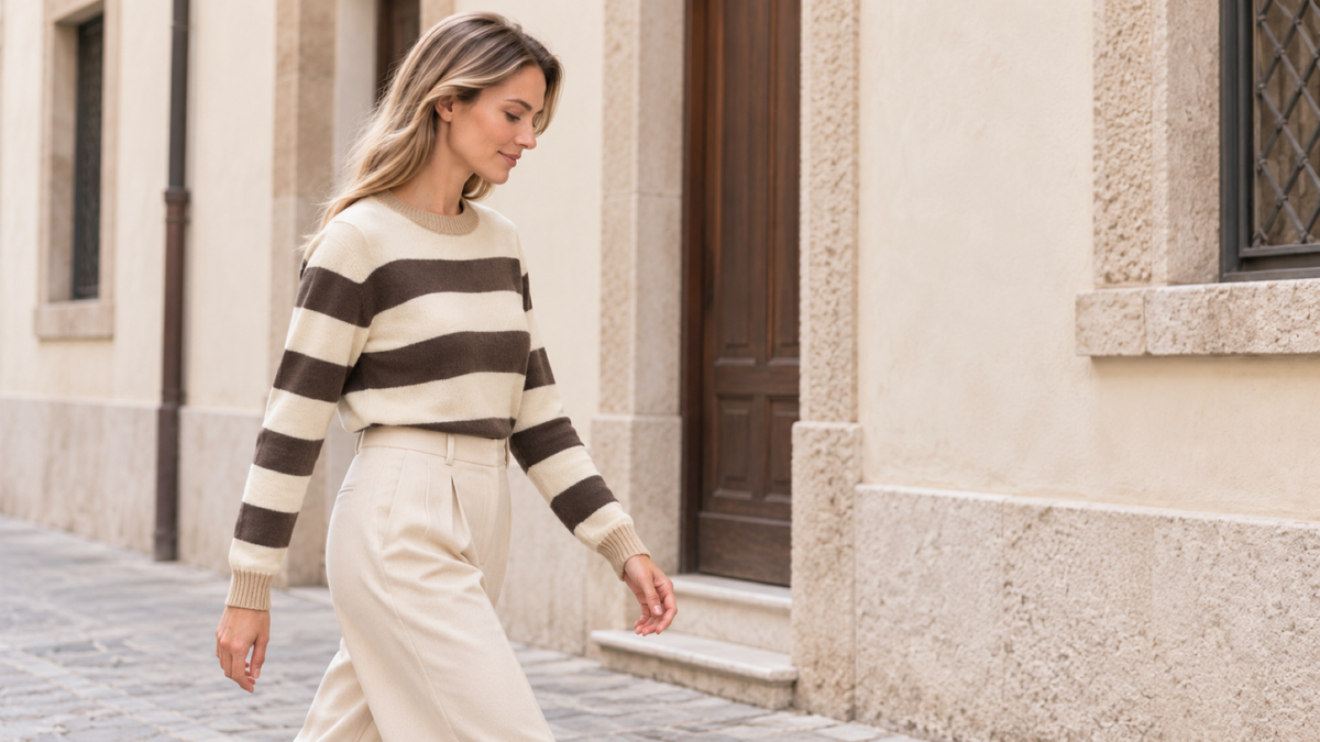Su una strada tranquilla, una donna cammina con la maglia a righe inserita nei pantaloni ampi, vista di profilo.