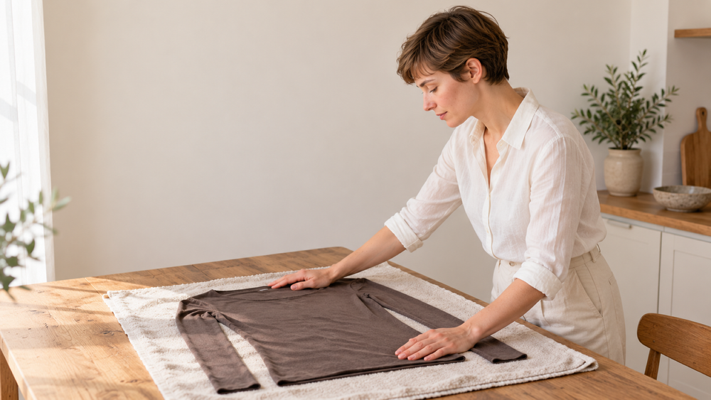 A un tavolo, una donna distende con le dita una maglia umida su un asciugamano, lavorando con calma e luce naturale.
