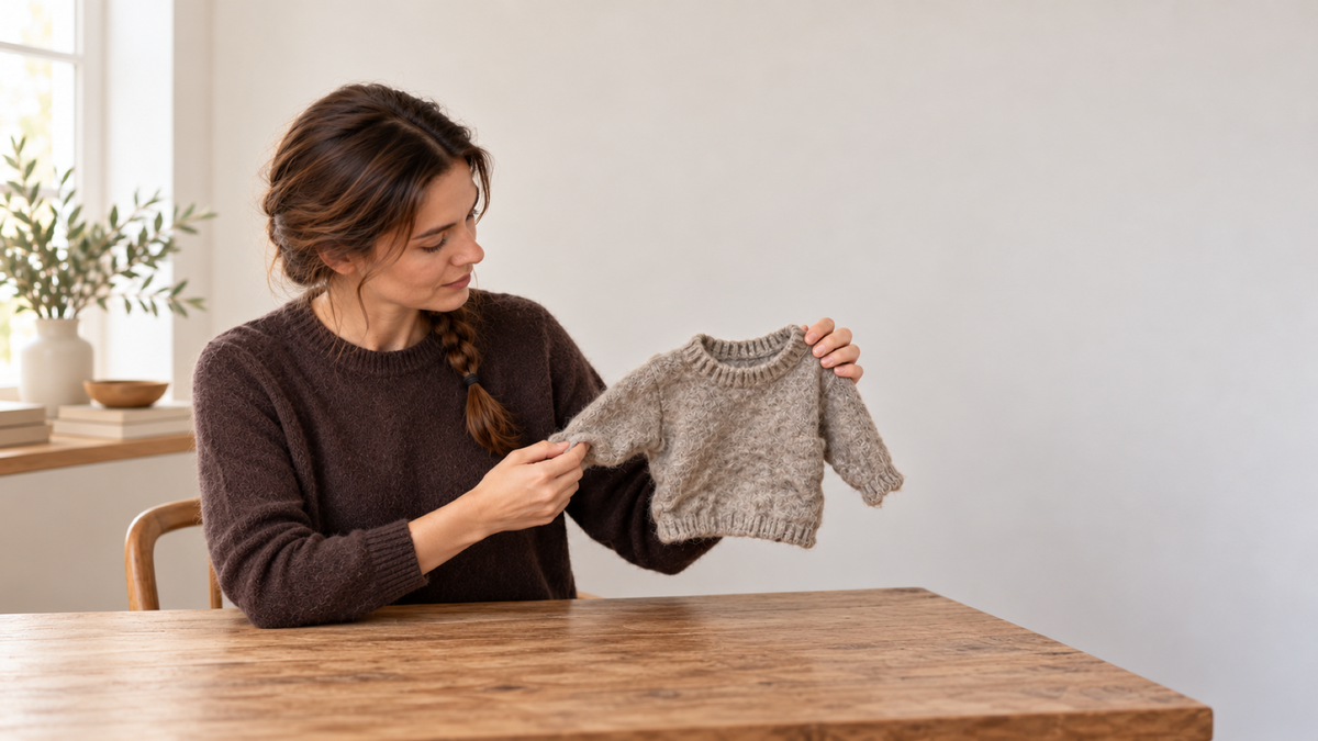 Seduta al tavolo, una donna osserva una piccola maglia infeltrita accanto alla manica del capo che indossa.