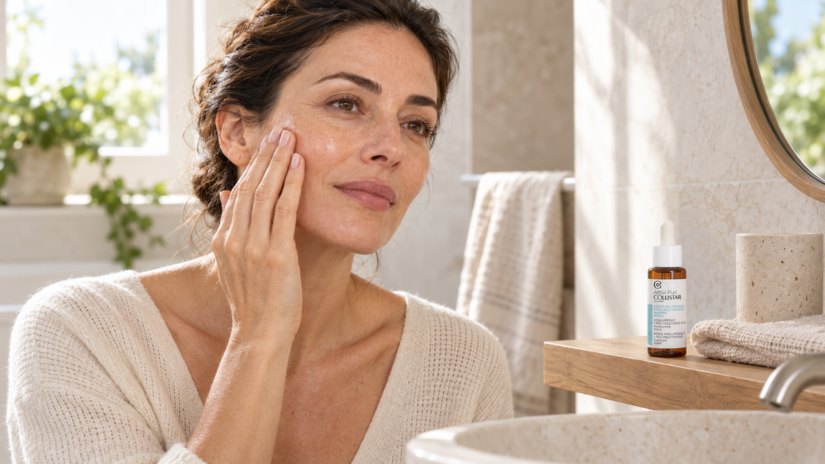 Donna in bagno al mattino che preme con la punta delle dita il siero sulla guancia appena lavata, il flacone sulla mensola accanto all’asciugamano
