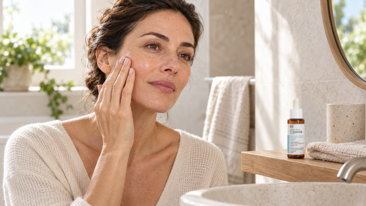 Donna in bagno al mattino che preme con la punta delle dita il siero sulla guancia appena lavata, il flacone sulla mensola accanto all’asciugamano