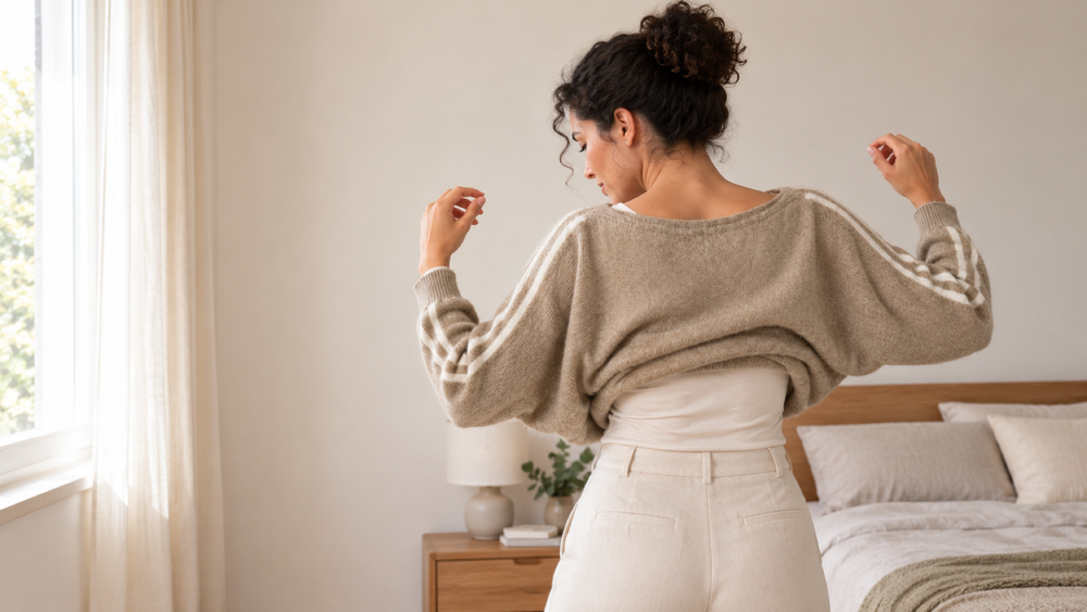 In camera, una donna indossa un maglione sopra una maglia di cotone sottile, con le braccia sollevate e il viso di profilo.