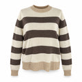 Maglione a righe donna panna e tortora con coste beige, vista frontale su sfondo bianco