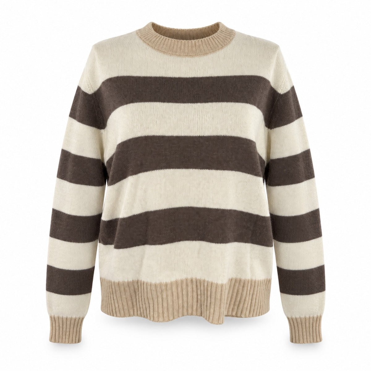 Maglione a righe donna panna e tortora con coste beige, vista frontale su sfondo bianco
