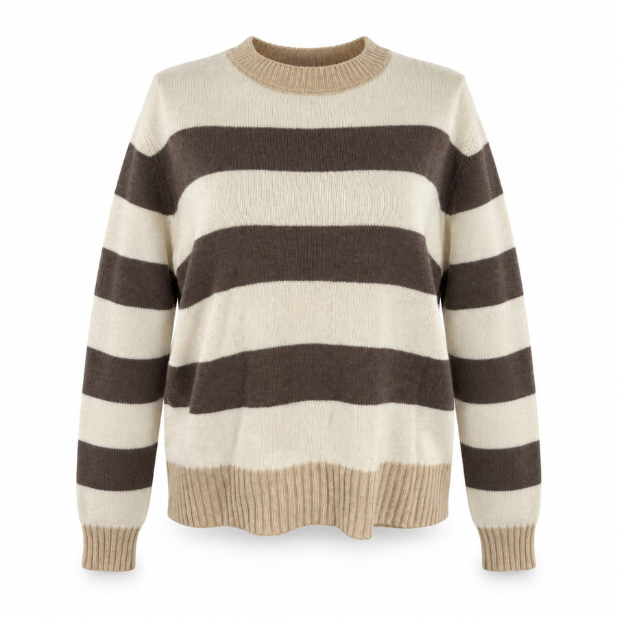 Maglione a righe donna panna e tortora con coste beige, vista frontale su sfondo bianco