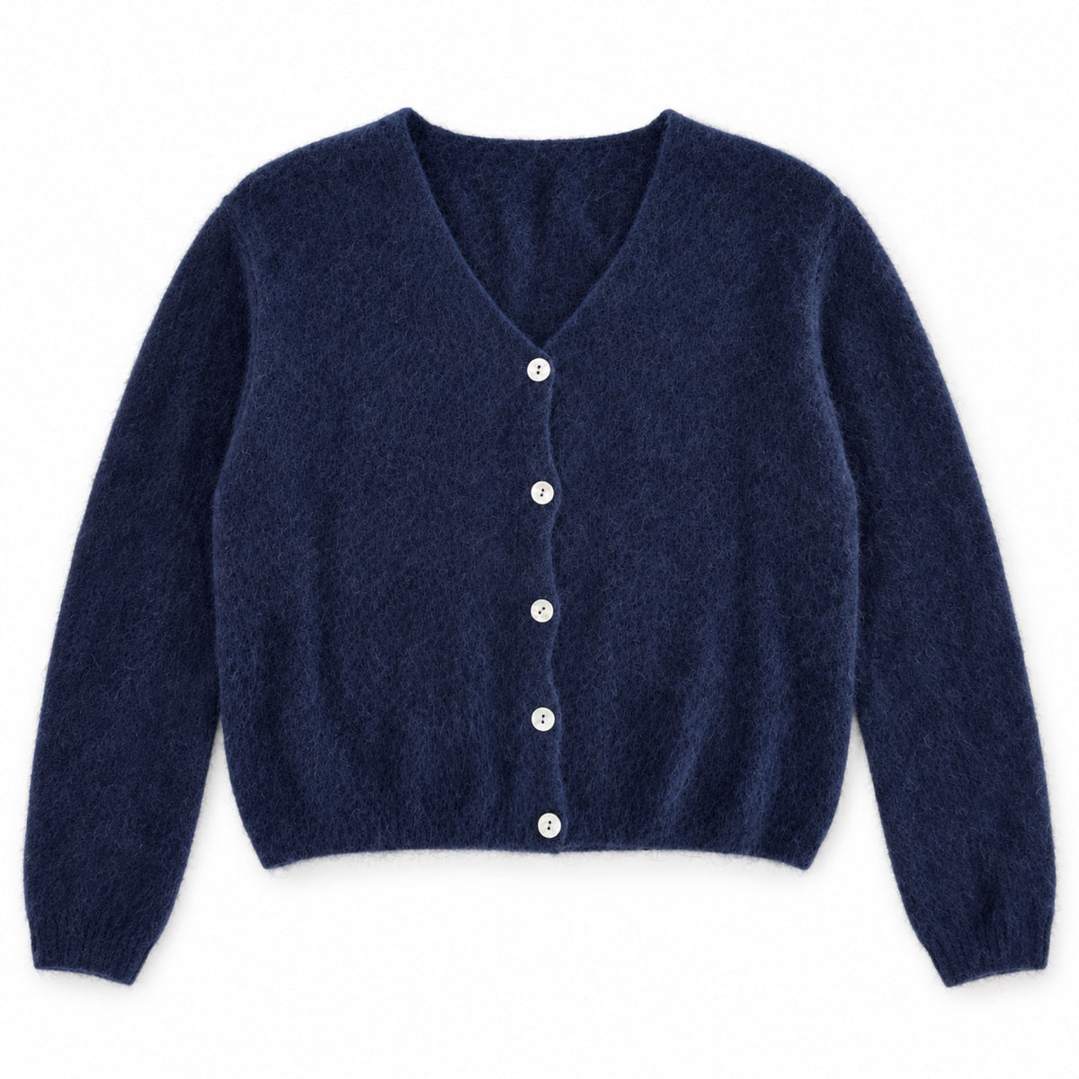Cardigan corto donna blu in misto alpaca e lana, fotografato su fondo bianco