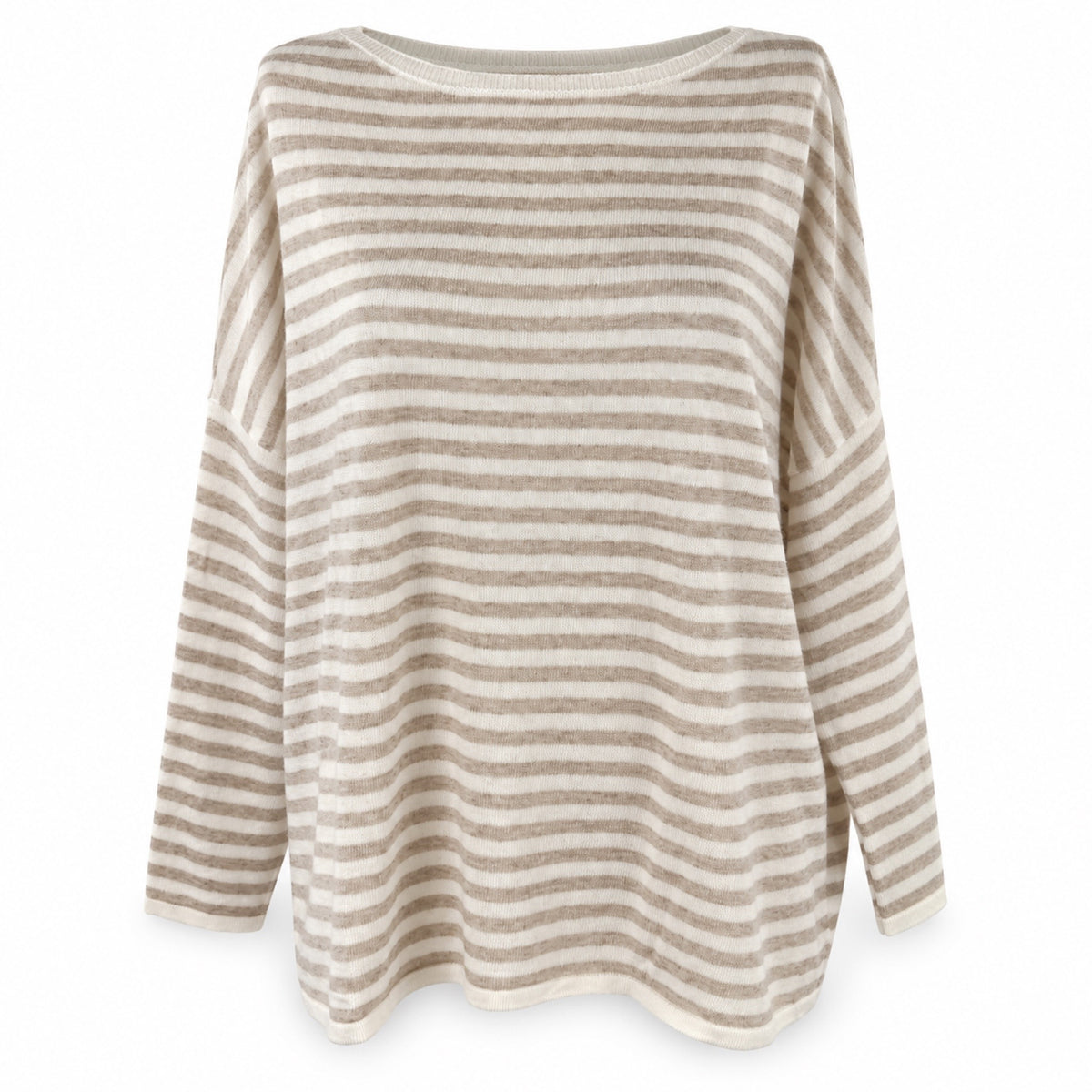 Maglia a righe oversize beige e panna con scollo a barchetta, vista frontale su sfondo bianco