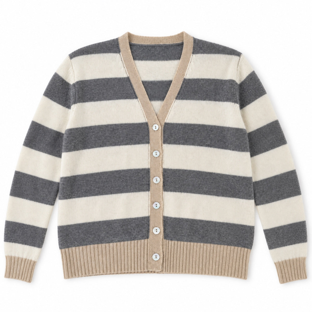 Cardigan a righe grigio e panna, foto su fondo bianco