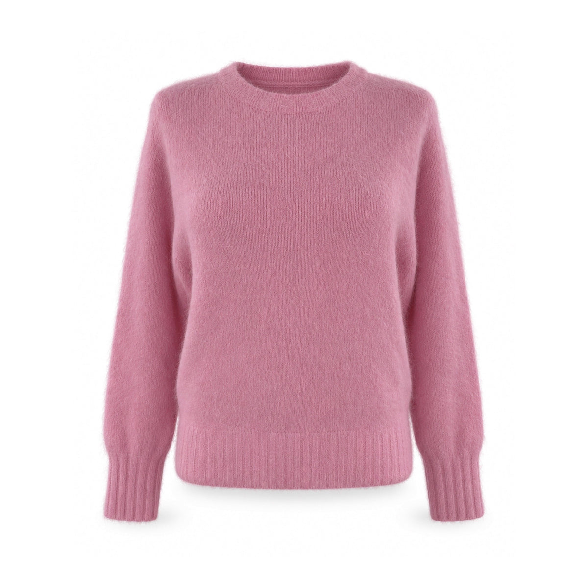 Maglione girocollo rosa in misto alpaca e cashmere su sfondo bianco