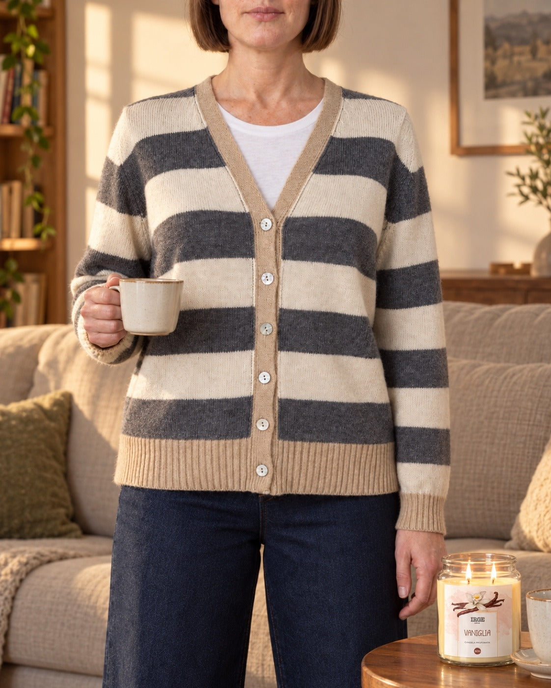 Cardigan a righe panna e grigio indossato con jeans scuri in salotto