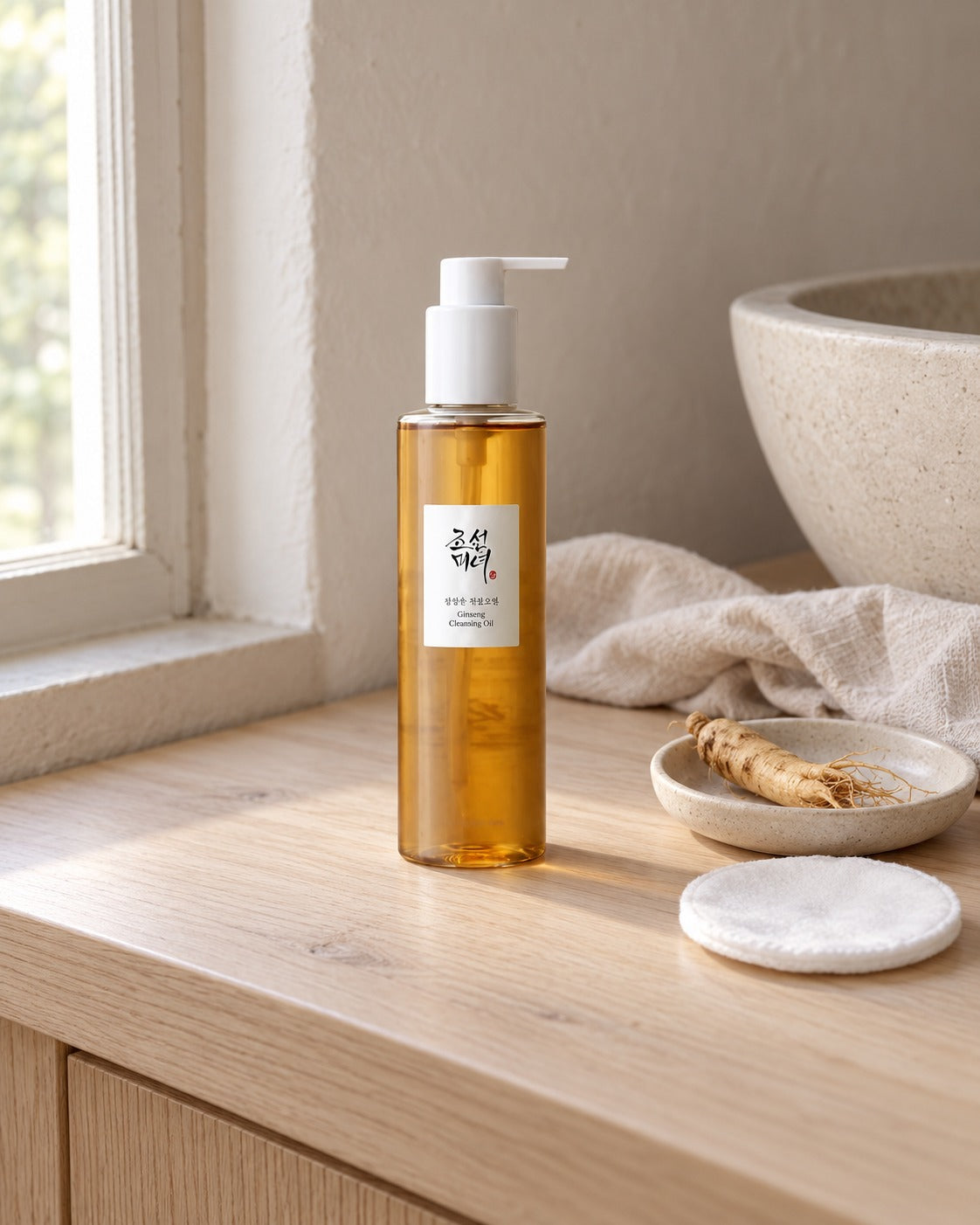 Olio detergente al ginseng Beauty of Joseon su lavabo in frassino, con dischetto