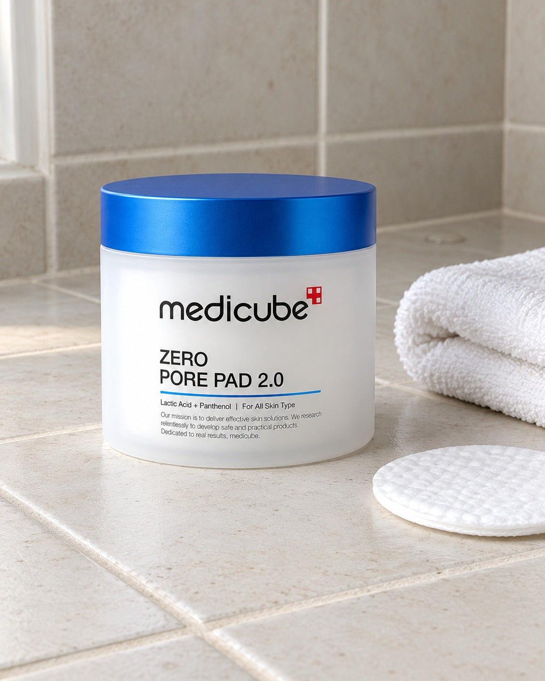 Dischetti viso Medicube Zero Pore Pad 2.0 su piastrelle chiare, con asciugamano e cotone