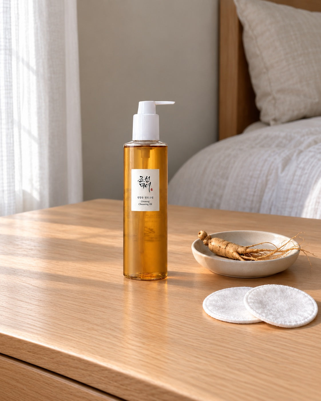 Olio detergente al ginseng Beauty of Joseon su toeletta in faggio, con dischetti