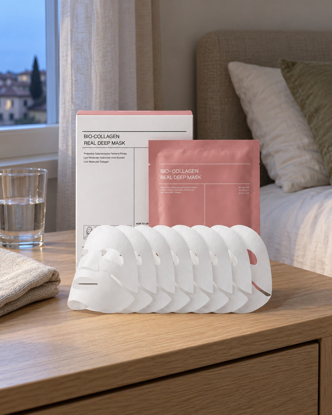 Maschere viso al collagene Biodance su comodino, con panno di lino e bicchiere