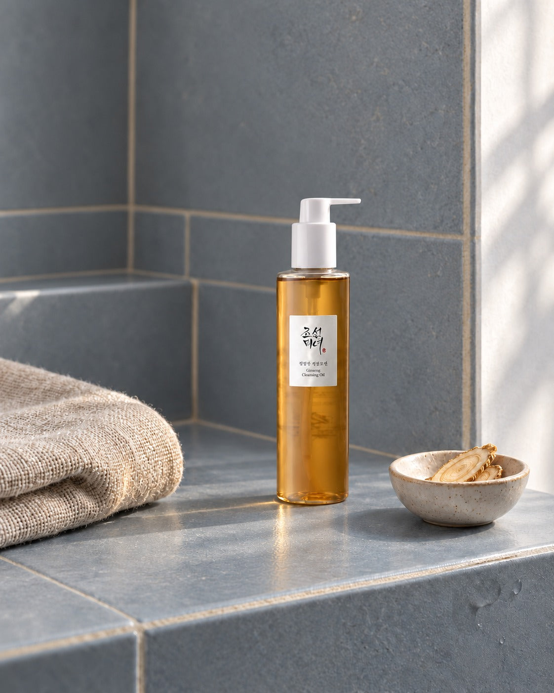 Olio detergente al ginseng Beauty of Joseon su mensola azzurra, con asciugamano