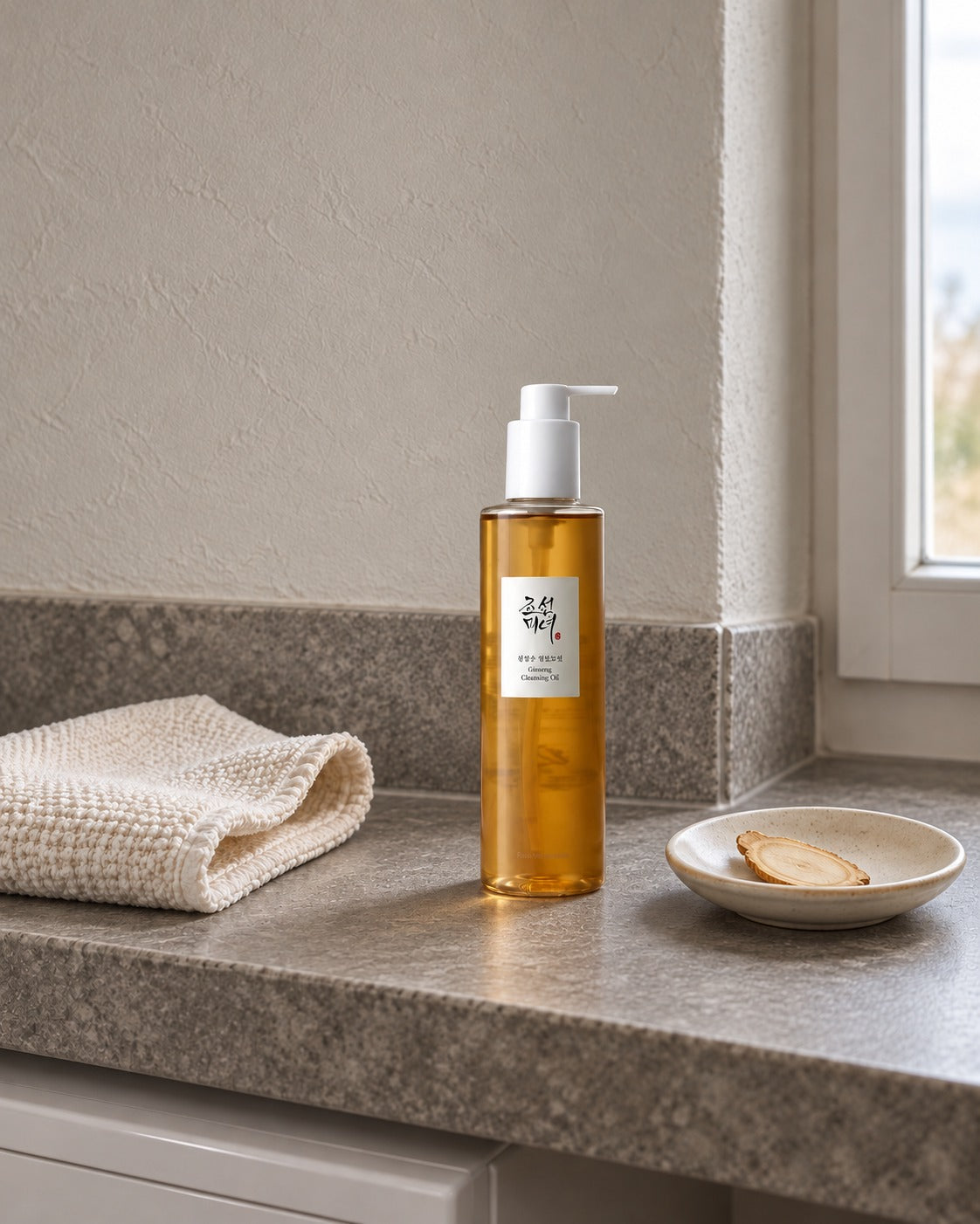 Olio detergente al ginseng Beauty of Joseon su mensola in pietra, con panno piegato