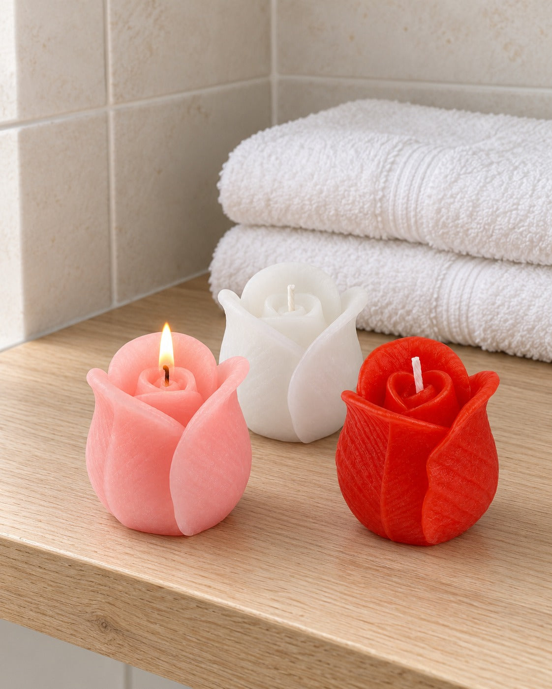 Set di tre candele a forma di rosa su mensola in legno, con una accesa e due asciugamani